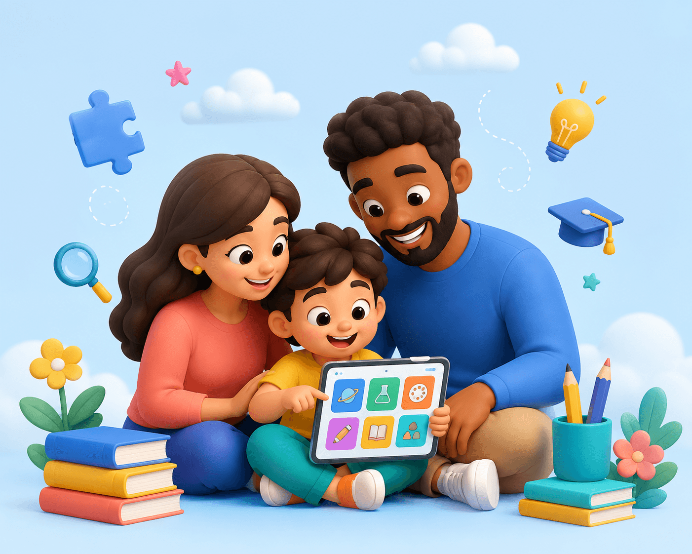 A parent and child exploring a learning app together on a tablet