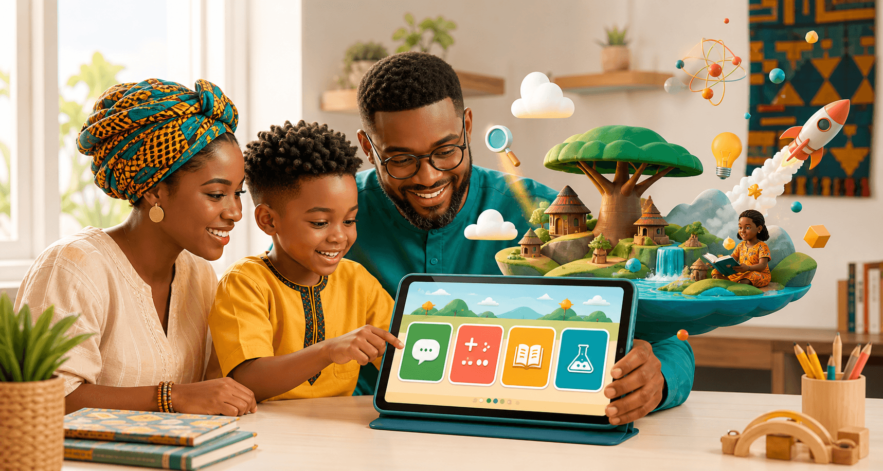A family exploring a learning app together on a tablet